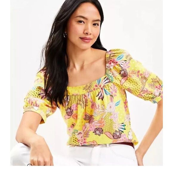 LOFT linen blend Yellow Floral Peasant Colorful Abstract blouse puff sleeves M - Picture 1 of 8